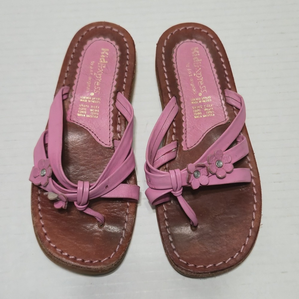 KidExpress Girls Pink Leather Floral Strappy Sandals Shoes Toddler Size 11